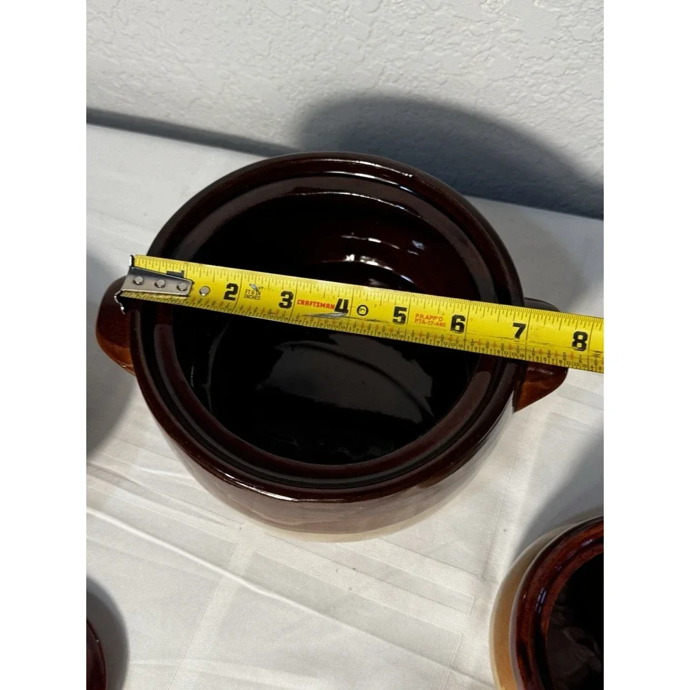Vintage Brown Bean Pot w/ 2 Matching Handled Ramekins – Rustic Stoneware Set